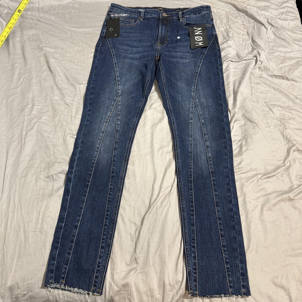 ANØM Cascade Skinny Jeans Mens 36x34 Blue Wash Stretch Denim Raw Hem ANM129SK